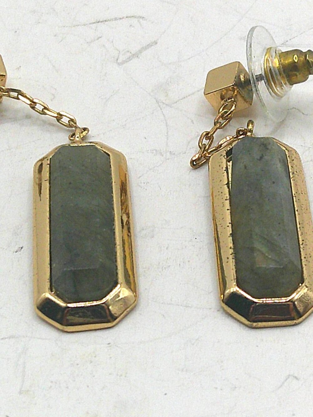 Goldtone Earrings with Mottled Grey Stone